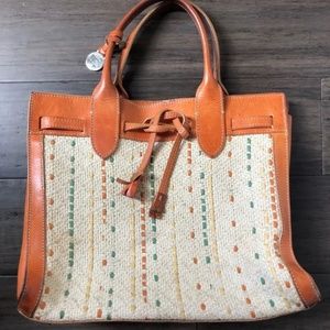 Vintage woven Canvas & Leather Orange Green Yellow Dooney & Bourke Purse Handbag